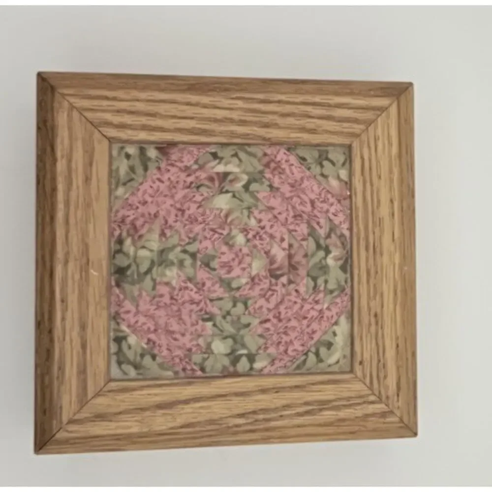 Vintage Handmade Embroidered Quilt Wooden 5x5 Square Trinket Box Cottage Core